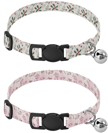 Collar de cachorro con hebilla de liberación rápida para perros hembras y machos, paquete de 2 unidades de Navidad, rubor claro, flor de pascua, acebo, piña, adorno de rubor claro de Navidad