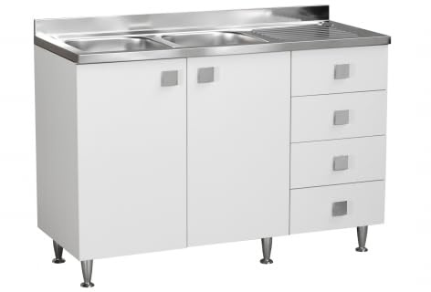 Relax e Design Mueble de Cocina con Fregadero de Acero Inoxidable, 2 Senos, 2 Puertas y 4 cajones Blancos Efecto Madera, escurridor, 120 x 50 x 88 cm (bañeras a la Izquierda)
