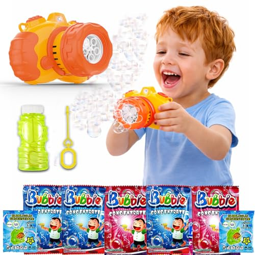 Toyana Kids Bubble Machine, Camera with Flash Light & Music, Automatic Bubbles Blower Gun with 1 Bottle Liquid + 7 x 10ml Bubble Concentrate Sachets (Makes 700ml) Garden Activity Set for Children 3+