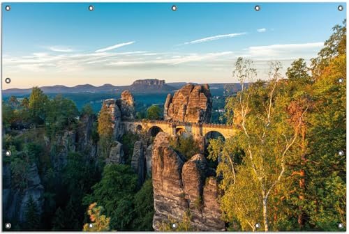 Wallario Outdoor-Poster für Garten oder Balkon Steinerne Brücke in der Landschaft, Motivbanner Größe: ca. 120 x 180 cm, Outdoor-Bild