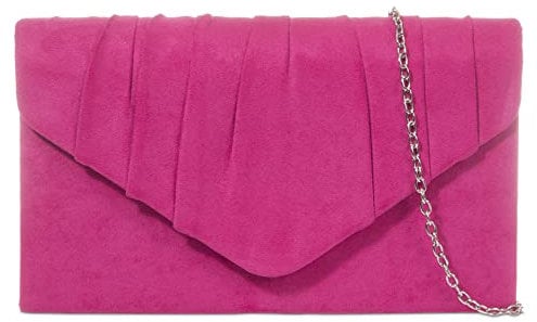fi9® Plain Suede Pleated Wedding Ladies Party Prom Evening Clutch Hand Bag Purse (Fuchsia Pink)