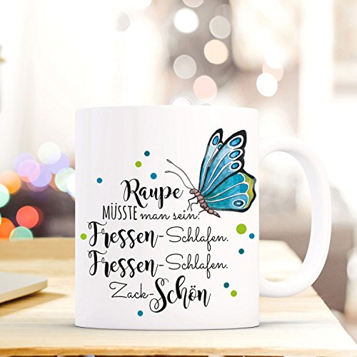 ilka parey wandtattoo-welt® Tasse Becher Kaffeetasse Kaffeebecher Schmetterling mit Punkten und Spruch Raupe müsste man sein... ts466