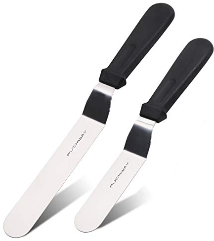 PUCKWAY Angled Icing Spatula, Stainless Steel Offset Spatula, Cake Spatula with Bonus of 10 Pastry Bags, Set of 2 Black 6, 8 inch
