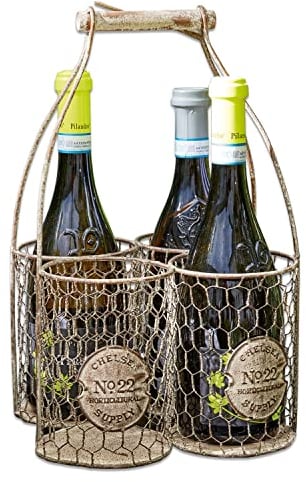 Loberon Flaschenkorb Alexandre, mit antikem Shabby-Finish, formschöner Griff, bietet Platz für Vier Flaschen, Outdoor, Tischdekoration, Eisen, Tannenholz, grau