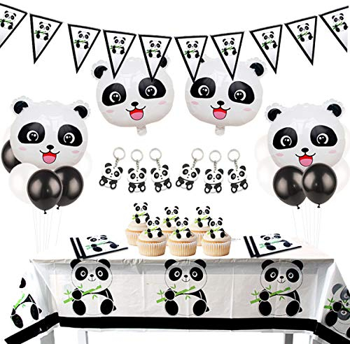 JOYMEMO Panda-Dekorationsset für Geburtstagsparty, mit Wimpel-Girlande, Panda-Schlüsselanhänger, Luftballons aus Mylar, für Mädchen, Babyparty
