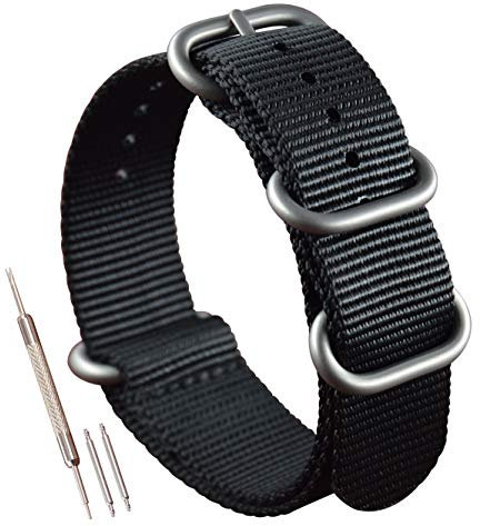 MZBUTIQ 23mm Schwarz Uhrenarmband Nylon Watch Bracelet Armband Herren Matte Silberne Schnalle