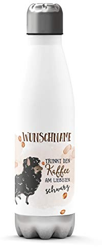 Thermosflasche personalisiert Schaf Kaffee schwarz Edelstahl 500 ml Name | Isolierflasche mit Wunschname und Motivdruck für Kaffee Tee Wasser Schule Büro Sport Camping Alltag Ausflug oder Geschenkidee