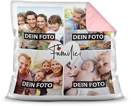 PR Print Royal Kissen mit Füllung - Fotocollage selbst gestalten mit Spruch - Familie - mit Vier eigenen Fotos - Geschenkidee Fotokissen - Farbkissen Rückseite Rosa