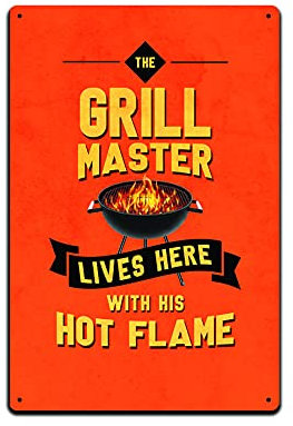 JP's Parcels Blechschilder Backyard BBQ Wanddekoration – Metall Wandschild 30,5 x 20,3 cm The Grill Master Lives Here with His Hot Flame