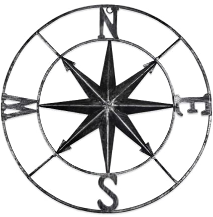 aboxoo Runder Metall-Kompass, dekorativer Kompass, Metall, Wandkunst, hängende Wandskulptur, 57 cm, schwarzer Durchmesser, Bauernhaus-Dekoration, für drinnen oder draußen