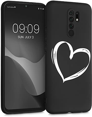 kwmobile Cover Compatibile con Xiaomi Redmi 9 - Custodia in Silicone TPU - Cover Protettiva Soft Case - Cuore bianco/nero