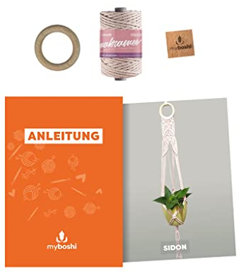 myboshi Makramee-Set Blumenampel Sidon, inkl. Makramee-Kordel, Holzring und Anleitung, 4mm geflochten, Made in Germany, 100% Baumwolle Nude mit Anleitung