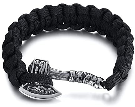 XUANPAI Viking Jewelry Mens Bracelets : Thor's Hammer Viking Runes of Nordic Amulet Bracelet for Men Viking Fans Jewelry Gift, Braided Rope/Stainless Steel /PU Leather Wristband (01.Silver/Viking Axe)
