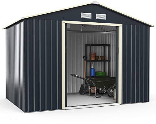 COSTWAY Abri de Jardin en Métal 5.2㎡ avec 2 Portes Coulissantes Verrouillables, Cabane Jardin Rangement 4 Trous d’Aération Toit Penché, pour Vélo, Poubelle, Gris (277,5 x 191 x 202,5cm)