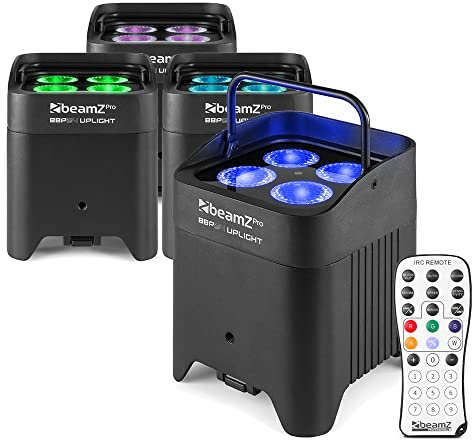 beamz BBP54 Battery Powered Wireless Uplighters Package - 4x 12W RGBAW-UV LED Weatherproof Lighting Kit with Wireless DMX and Remote Control for Events, Weddings & Marquee Parties