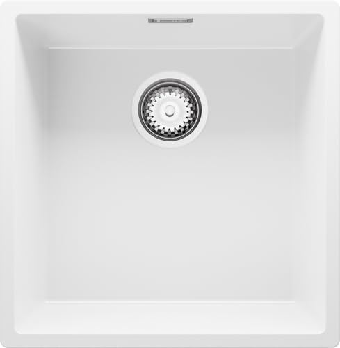 PRIMAGRAN Spülbecken Weiß 46x47cm, Granitspüle 1 Becken + Ablauf-Set, Küchenspüle ab 50er Unterschrank - London Slim S122