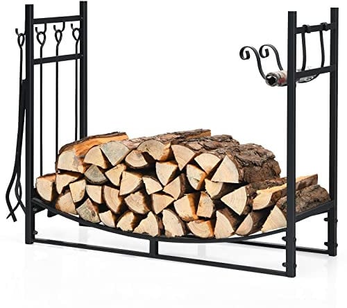 GOPLUS Range Bûches Décoratif, Porte Bûches 6 Crochets et 4 Outils, Charge 50 kg, Serviteur Cheminée pour Intérieur Extérieur 90 x 33 x 76 cm