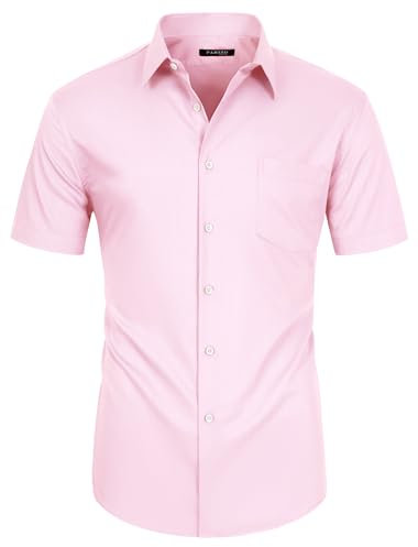FAHIZO Men's Short Sleeve Dress Shirt Regular Fit Soild Casual Business Stretch Button Down Shirts with Pocket, Pink, XXL