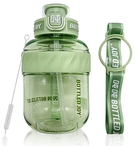Bottled Joy Gallon Kids Water Bottle With Straw, 37oz Water Bottle With Strap, 1.1L Bottle Joy Sports Water Jug, BPA-Free and Tritan, Resuable Sports Water Bottle,Green