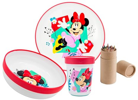 Minnie Microwave Safe 3pcs Cartoon Character Non Slip Bicolor Premium Dinner Tableware Set for Children Plate, Bowl, & Cup Set BPA Free Reusable Plastic (Minnie)
