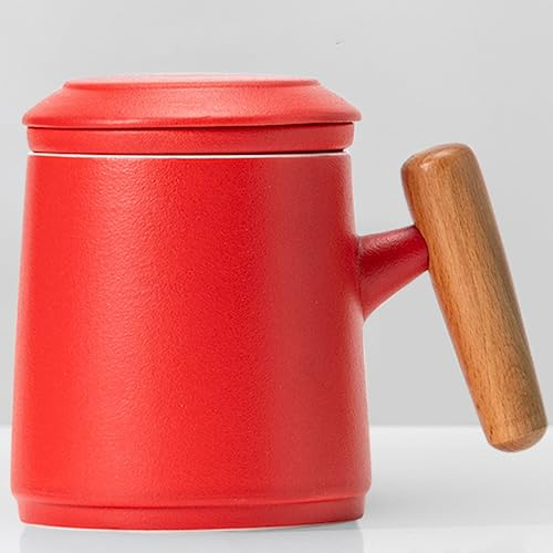 Disoza Tasse mit Deckel Porzellan Teetasse mit Deckel und Sieb Keramik 400ml Tee Kaffee Becher mit Henkel Tea Cup Set Geschenk für Frauen Männer Rot Teebecher für Papa Mama Freund Bruder