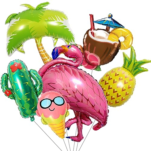 Tropical Hawaiian Party Decorations Balloons, Large Flamingo Pineapple Coconut Tree Cactus Ice Cream Hawaii Foil Balloons for Aloha Luau Summer Beach Pool Birthday Party Tiki Bar Decorations Supplies