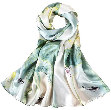 ANDANTINO Langer Schal für Damen, 100 % Maulbeerseide, große Schals für Kopftuch und Hals, längliche Haarwickel, mit Geschenkverpackung, Hellgrün-weißer Lotus, Large