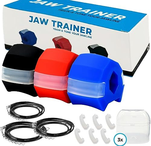 Jienosi Jaw Exerciser, 3 Levels Of Resistance Build & Chisel Your Jawline Includes 6 Spare Biting Strips & 3 Necklaces & 3 Storage Containers