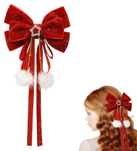 Y7HDJPDFJ Pince à cheveux avec nœud papillon rouge avec long ruban pailleté en velours pailleté Accessoires pour queue de cheval pour femmes filles fête d'anniversaire Cadeau de Noël