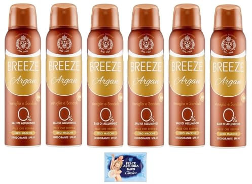 6x BREEZE Deodorante Spray Argan Vaniglia e Sandalo,non macchia la pelle, 0% sali di alluminio, 150ml + 1 Confezione di Talco Felce Azzurra in omaggio, Busta da 100g