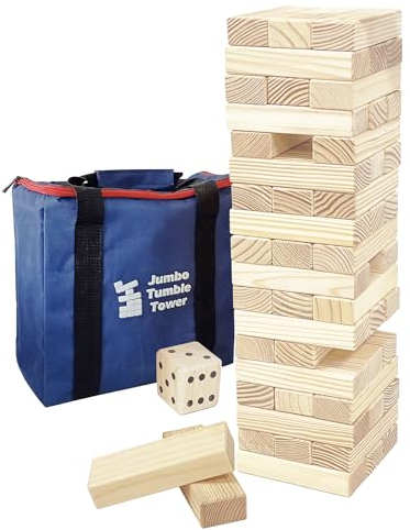 Jac & Mok Wackelturm Tumble Tower Spiel Holz Toppling Blocks Spielzeug mit Tragetasche (Jumbo Tumble Tower (54 Stück) mit Würfeln)