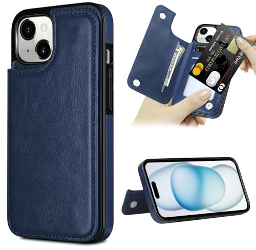 Case for iPhone 15 Case with Card Holder 6.1-Inch PU Leather iPhone 15 Wallet Case for Women Slim Flip Folio Soft Magnetic Closure Pocket Protective Cover for iPhone 15 Phone Case,Blue