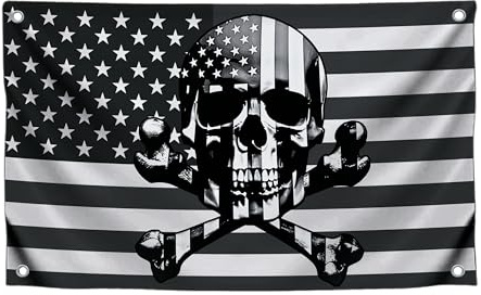 Amerikanische Totenkopf-Flaggen mit 2 Messingösen, 90 x 150 cm – Piraten-USA-Flagge oder schwarze US-Bootsflaggen oder Banner, Männerhöhle, Totenkopfknochen, lustig, Militärflagge, Messingösen für