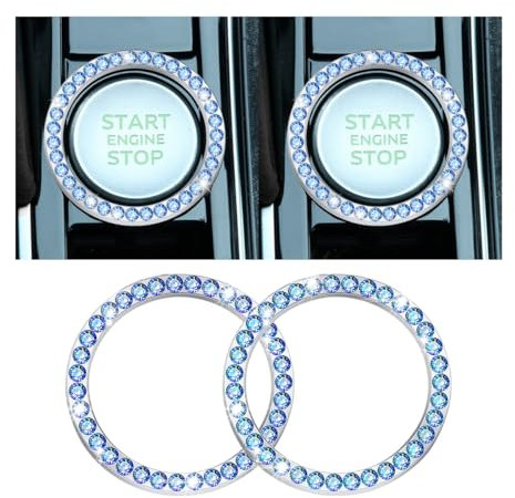 CGEAMDY 2 Stück Auto Motor Start Stop Button Ring, Universal Auto Kristall Strass Motor Starter Dekoration Ring, Auto Startknopf Dekorationsring Autoinnenraum (Einreihig/Blau)