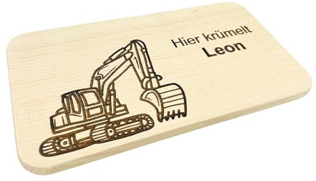 Frühstücksbrettchen Bagger mit Namen, Kinder personalisiert, hier krümelt Brettchen mit Gravur Motiv - personalisierte Geschenke, individuelles Frühstücksbrett, niedliches Holz Brett, Holzbrett