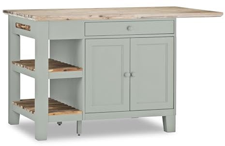 Florence Kitchen Island With Cupboard 2 Drawers and Shelves | Large Breakfast Bar Island W150cm, H91cm, D90cm with Chopping Board & Wooden Drawer Utensils Organiser, Double-Sided (sage green)