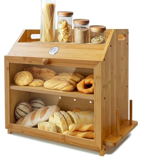 NIXBYO Doppelschicht Bambus Brot Box, Thermometer Brot Box mit Messer Halter-Schneidebrett Rack-Luft Lüftungen halten Brot frisch, Bauernhaus Brotbox Organizer für Küche Counter Corner