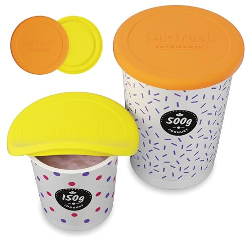 Qikfresh reusable silicone lids 2 pack - Yogurt pot covers for 150–500 g - Airtight leakproof and flexible - Silicone freshness lids for storage (Orange)