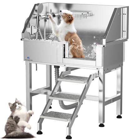 Roomark 86cm Hundewaschstation aus Edelstahl, Professionelle Hundebadewanne bis 100kg, Tierpflegewanne mit Wasserhahn,Duschkopf,Seifenhalter für Mittlere&Kleine Haustiere(Linke Tür)