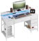 Grandder Computer Desk with Drawers and Power Outlets, 47 Inch Gaming Desk with LED Lights, Home Office Desk with Monitor Stand, Study Writing Work Desk for Home Office, White