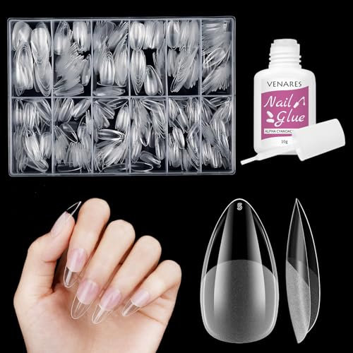 Almond Venares Lot de 500 faux ongles courts en gel amande Taille M Couverture complète Pour ongles en gel Longueur moyenne 12 tailles