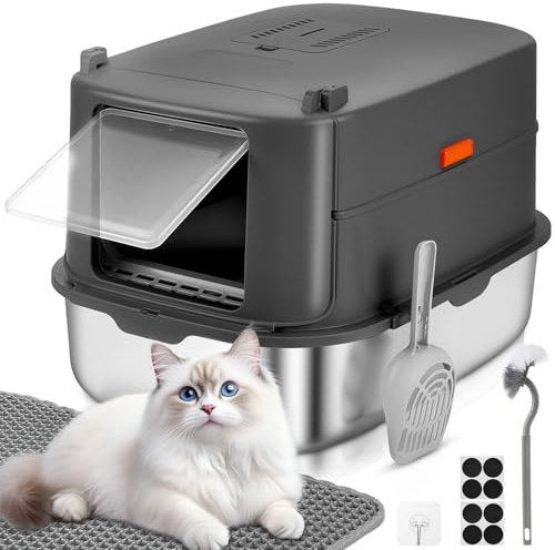 Papettly Katzentoilette Edelstahl mit Deckel, XXL Litter Box Katzenklo, 30L Große Katzenklo Edelstahl mit Deckel, Hoher Abnehmbarer Rand, Katzenklo mit Katzenstreumatte,Leichte Reinigung, 58x42x40CM