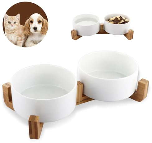 LOPYXBR Raised Dog Bowls with Stand Wood, 850ML Double Ceramic Dogs Bowl with Stand Non-Slip Dog Feeding Bowls White Raised Dog Bowl for Medium Sized Dogs(850ML/30OZ)