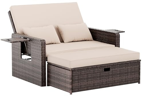 Amopatio Rattan Daybed Garden Furniture Set, Outdoor Loveseat Sofa with Storage Ottoman, Sunbed Sofa Set with Cushions/Adjustable Backrest/Retractable Trays for Balcony, Patio, Terrace, Brown