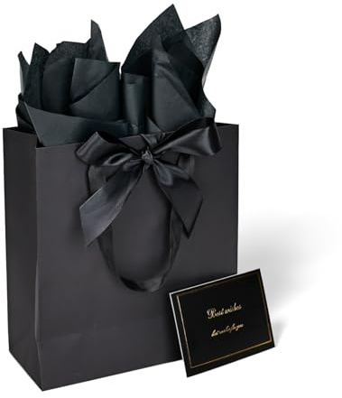 Huaprint 6 Pack Black Large Gift Bags Kit, 25.4x11.4x28cm Extra Large & Sturdy Gift Wrapping Set with Tissue Paper, Card & Ribbon for Clothing, Shoes, Wine Bottles, Christmas Birthday Gifts