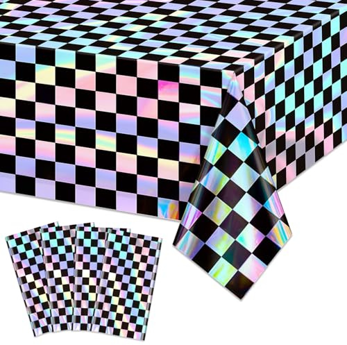 4 Stück Schwarze kariert schillernde Tischdecken, glänzende Einweg-Laser-Kariert-Flaggen-Tischdecke für Geburtstag, Rennwagen-Party, Disco, Retro schillernde Party, 220x130 cm