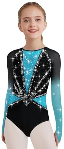 Eandarui Kinder Mädchen Turnanzug Langarm Gymnastikanzug Strassstein Glänzend Ballettanzug Mesh Patchwork Sportbody Gymnastik Outfit