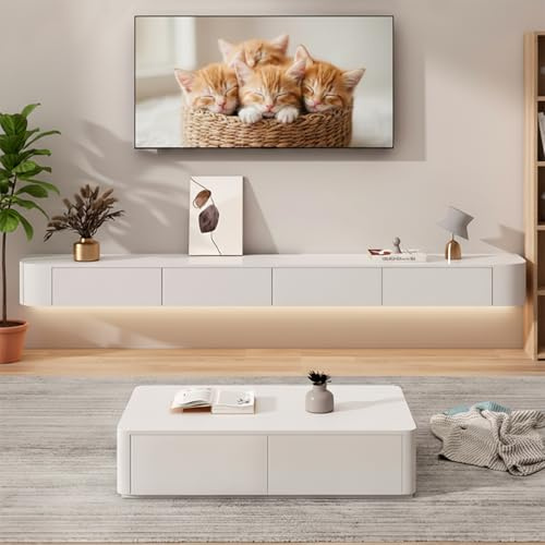 Ecoxsnz Wall Mounted TV Unit White Floating TV Cabinet with Storage | Floating TV Stand with Flip-Down Doors, TV Media Console Storage Unit for Living Room, Modern Entertainment Centre
