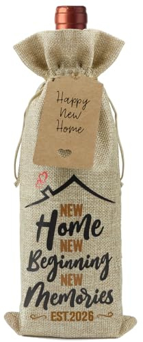 New Home Gifts, Wine Bottle Gift Bag, Linen Drawstring Bag with Tag, House Warming Gift for Couple Family Friends