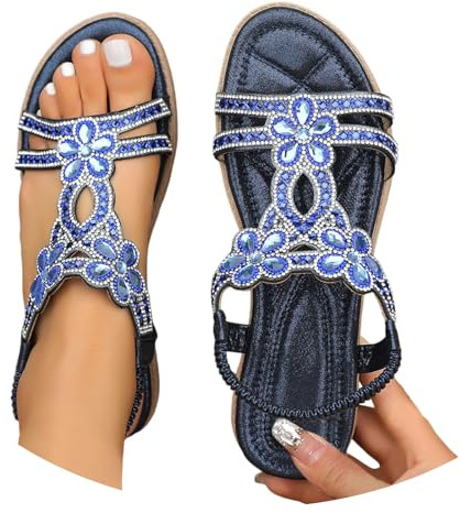 Luadnysin Sandales Femme Été Confortable Nu Pieds T-Strap Bride Élastique À La Cheville Ouvert Bout Chaussure De Plage Strass Cristal Florals Casual Chaussures,35-46